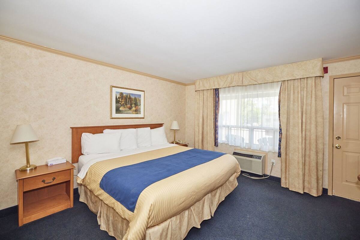 Quarto de hotel com cama, mesas de cabeceira, janela com cortinas, porta e um quadro pendurado na parede.