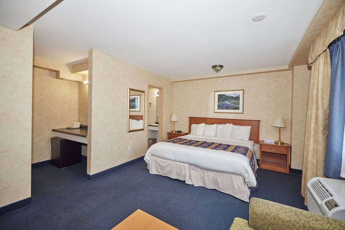 Quarto de hotel com cama, mesas de cabeceira, escrivaninha, cadeira e um quadro na parede.