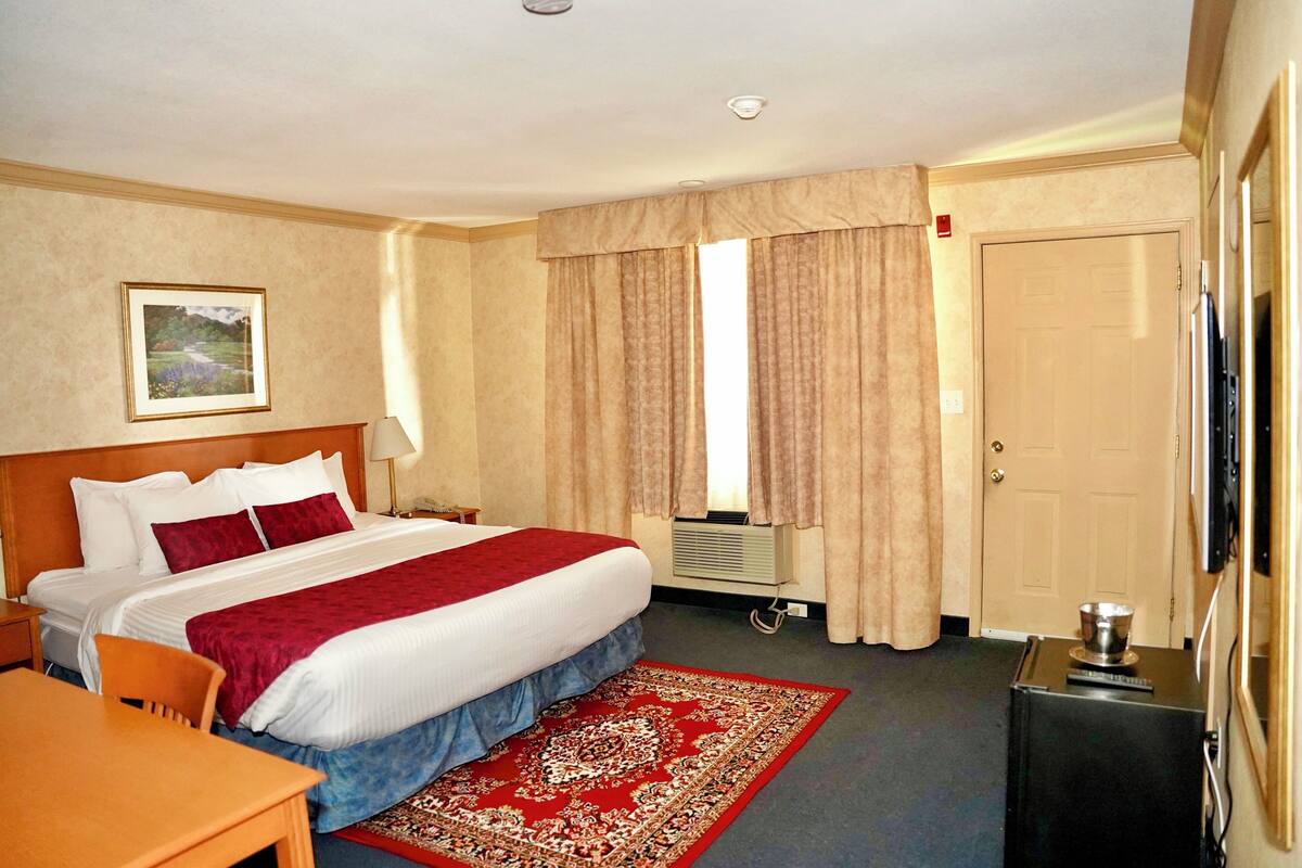 A hotel room with a large bed, a desk, a chair, a TV, and a window with curtains.
