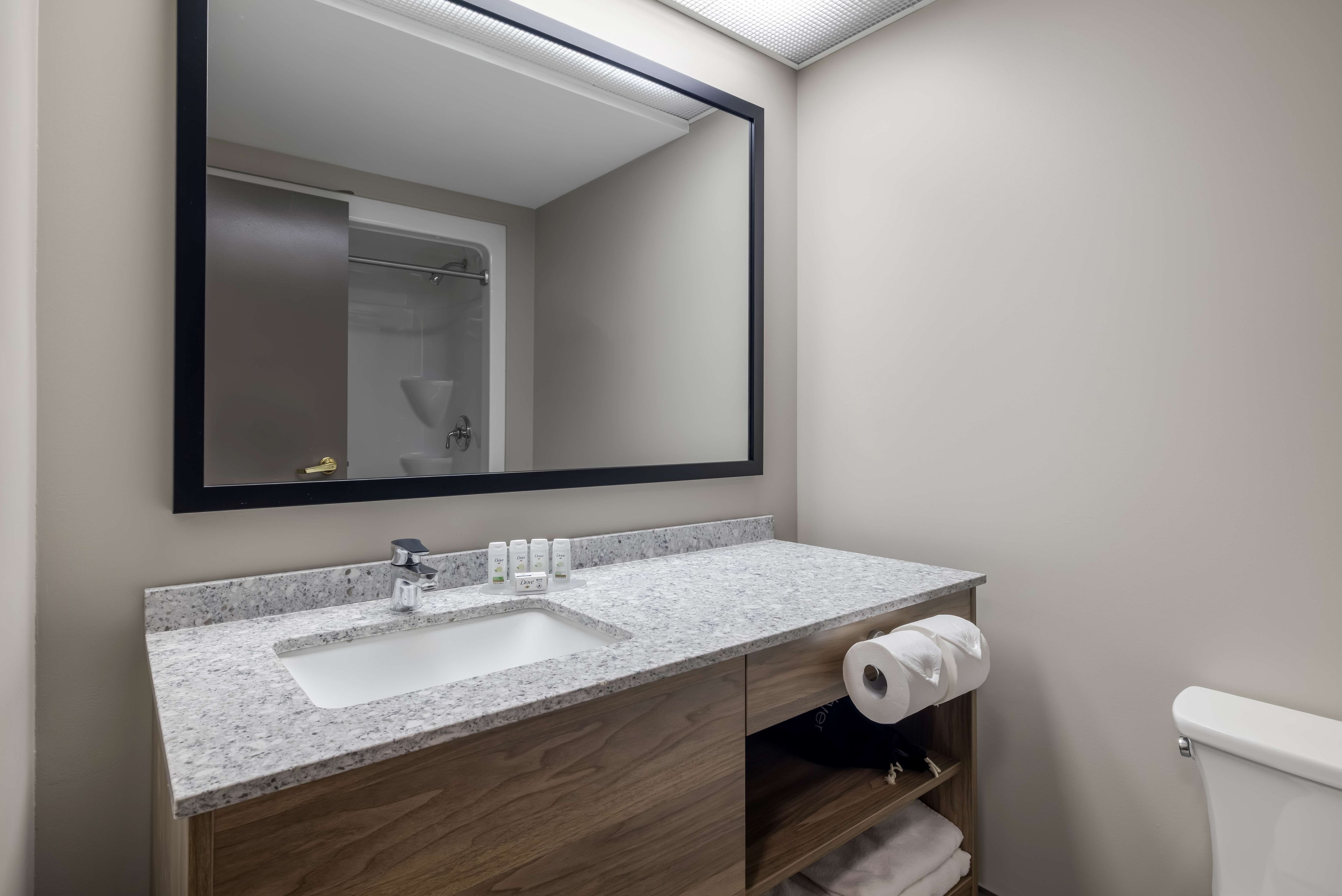 A bathroom with a large mirror, a sink, and a toilet.