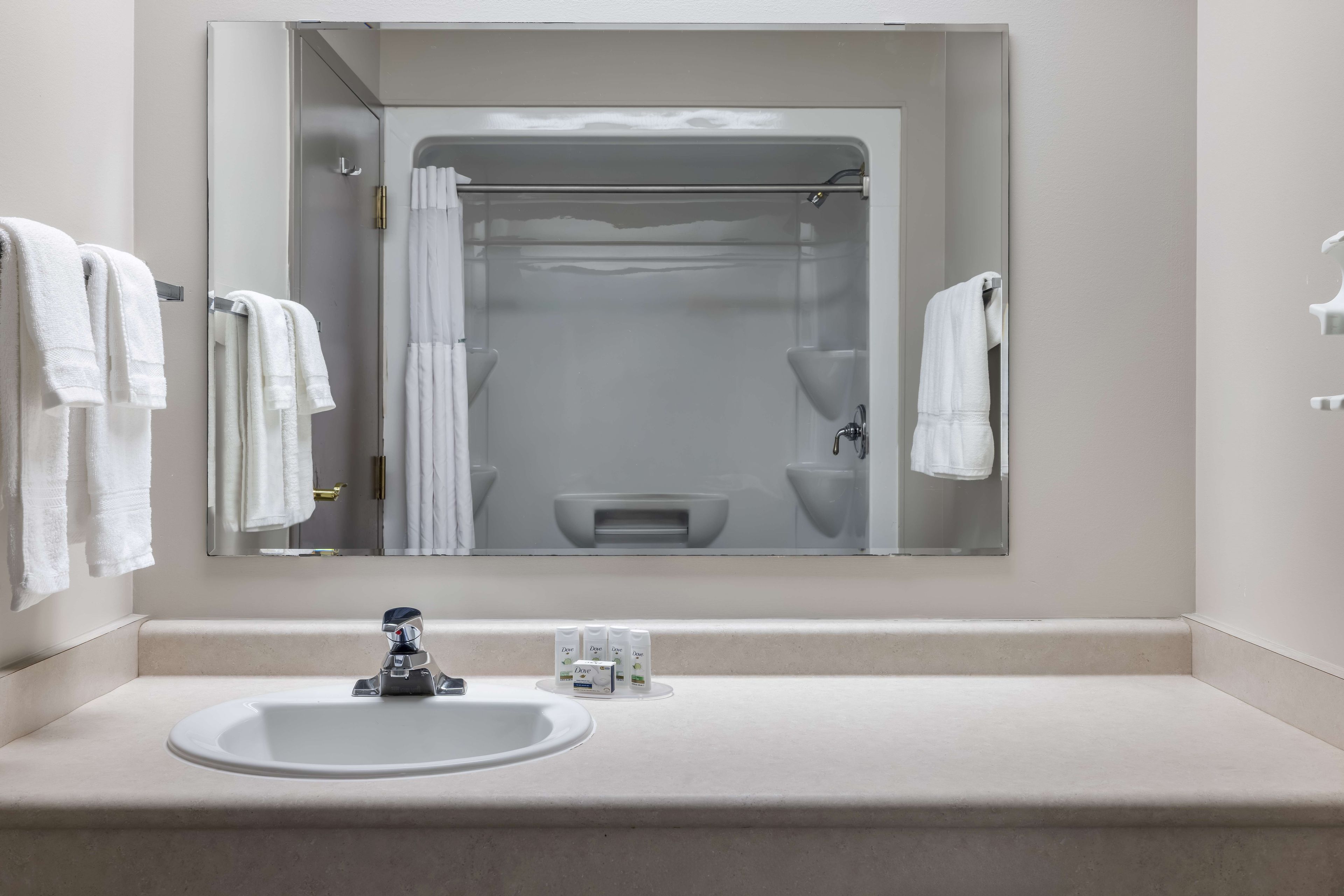 A bathroom with a sink, a mirror, a shower, and a toilet.