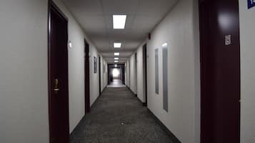 A long, narrow hallway with doors on both sides, carpeted floor, and ceiling lights.