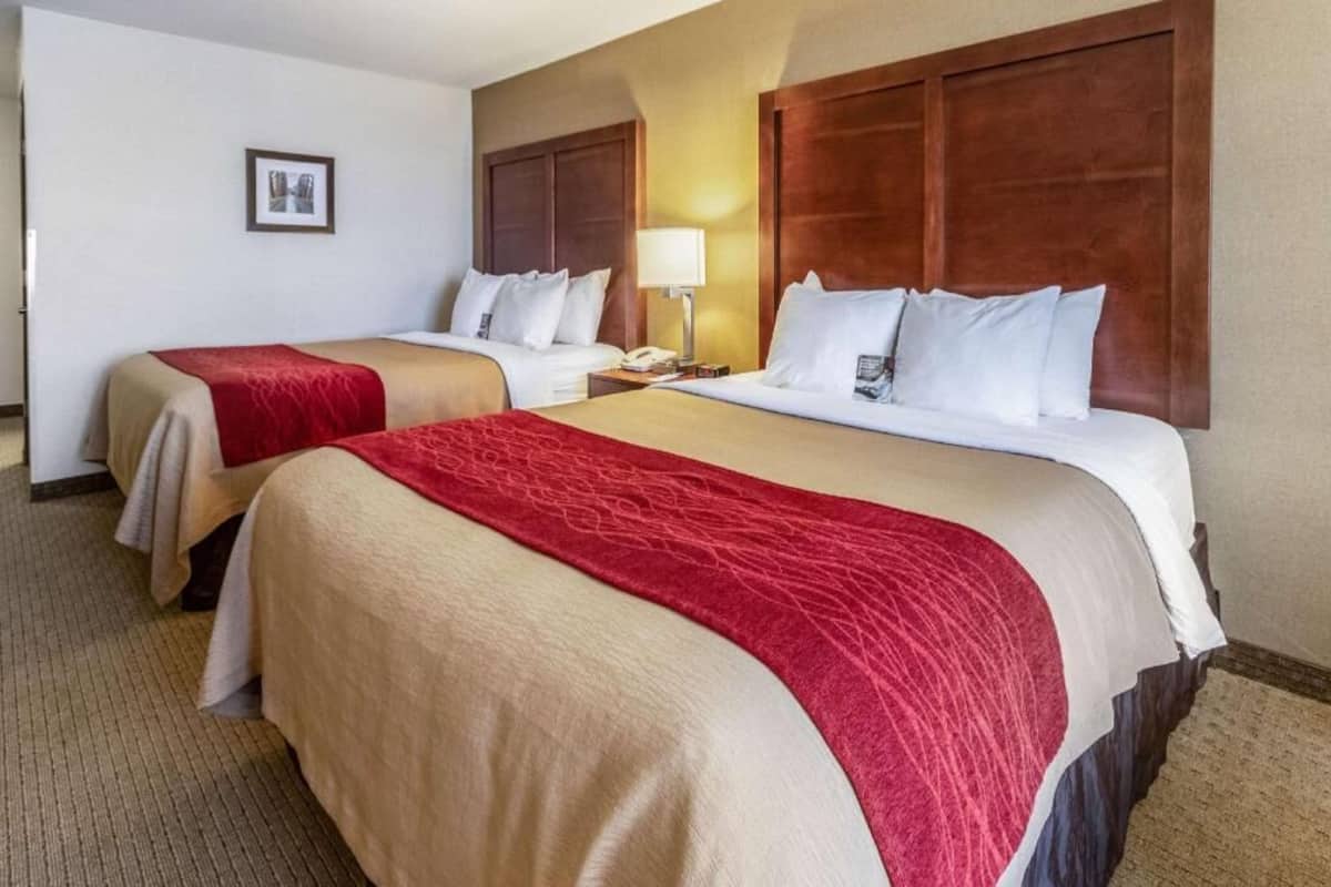 Una habitación de hotel con dos camas, una mesita de noche con una lámpara y un cuadro enmarcado en la pared.