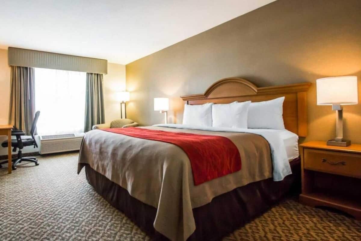 Habitación de hotel con una cama grande, dos lámparas de noche, un escritorio y una silla.