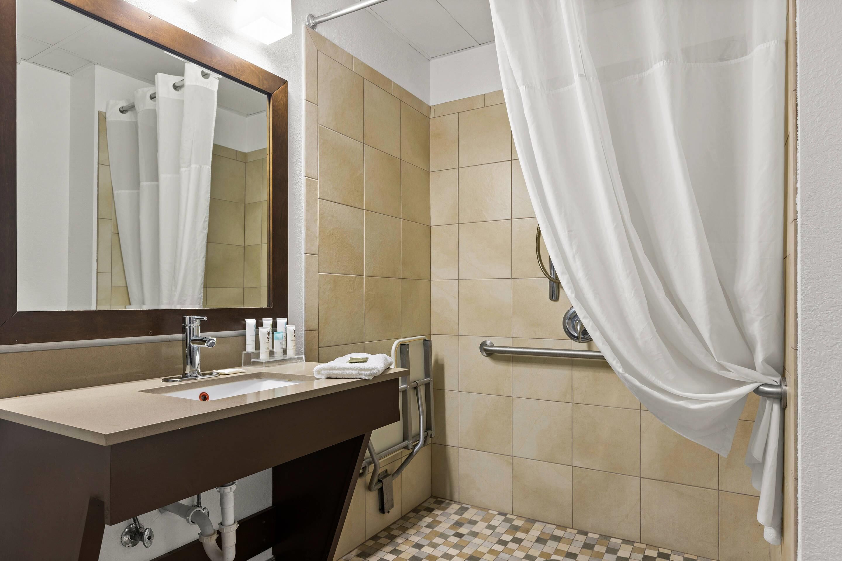 A bathroom with a sink, mirror, shower, and a handrail.