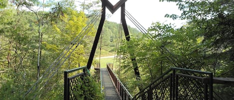 A suspension bridge with a metal railing and a walkway leading to a forested area.