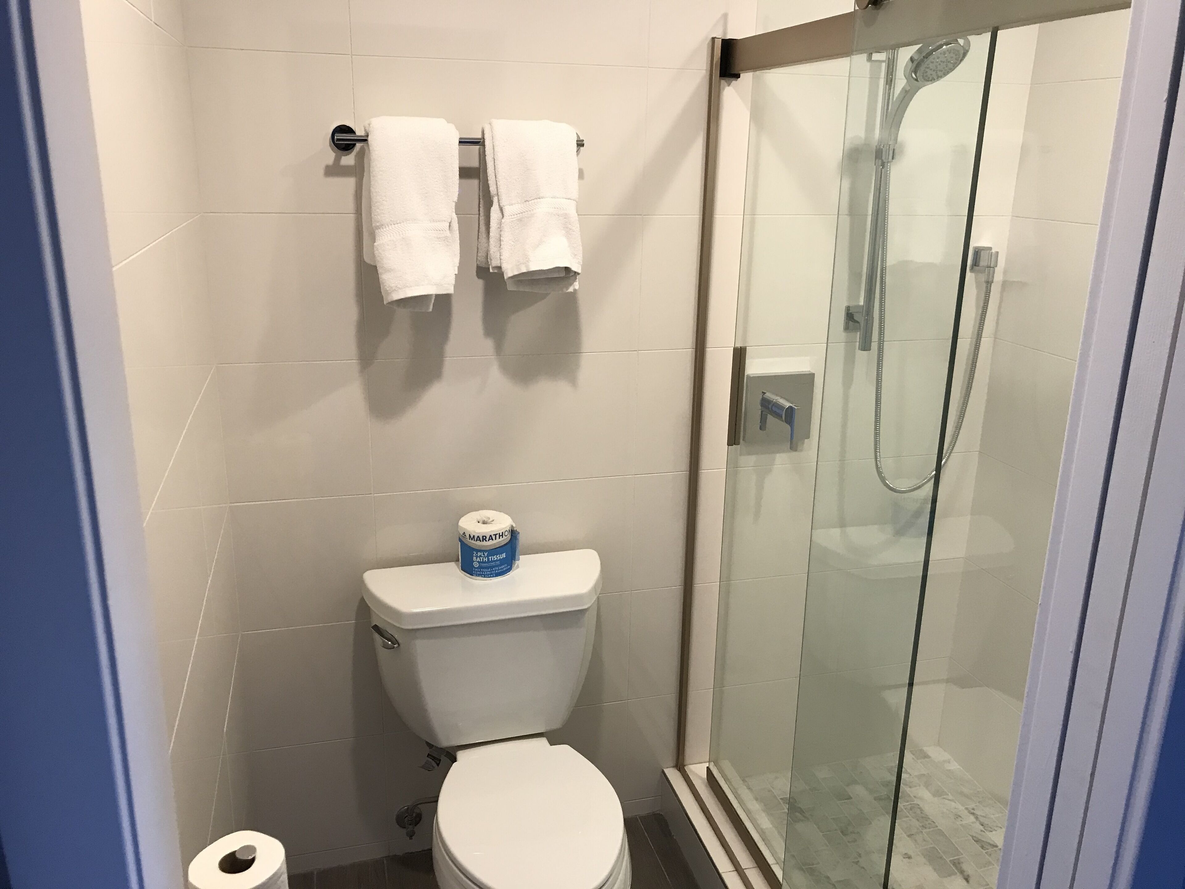 shower, free toiletries, hair dryer, towels