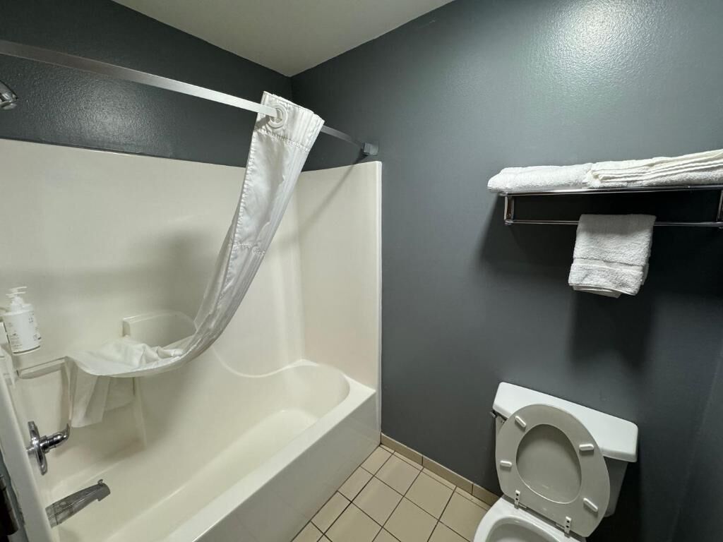 Een badkamer met een bad, toilet en handdoekrek.