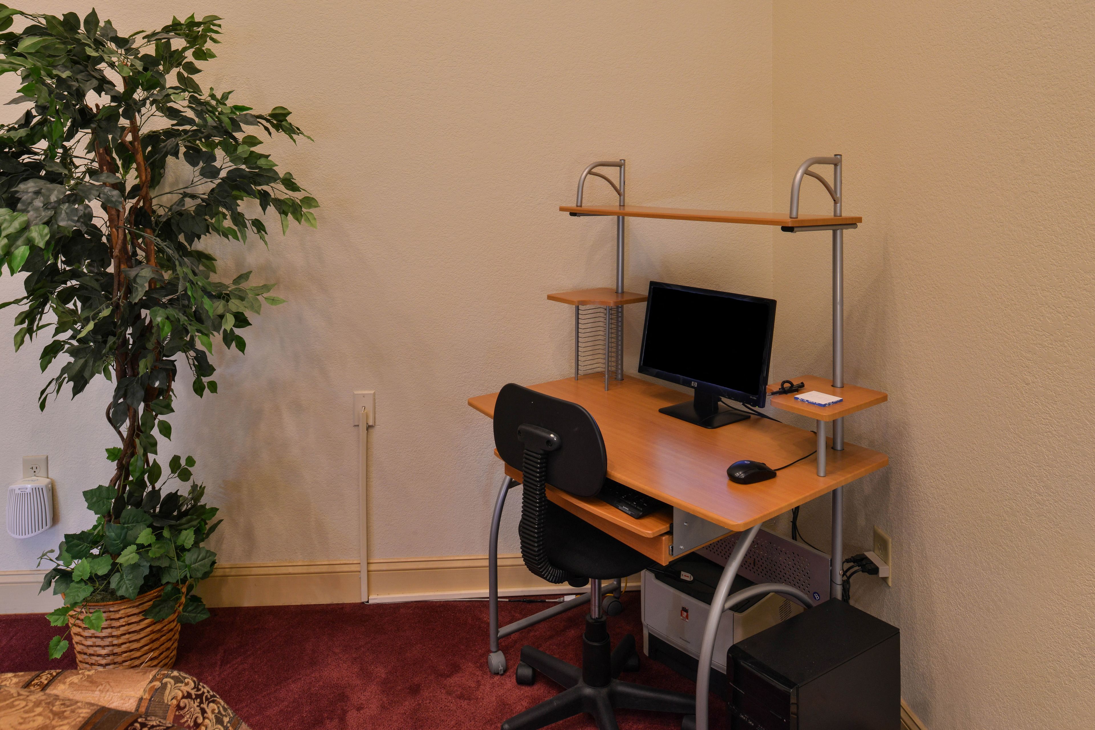 A compact office space with a wooden desk, a computer monitor, and a black chair. A potted plant is placed to the left of the desk.