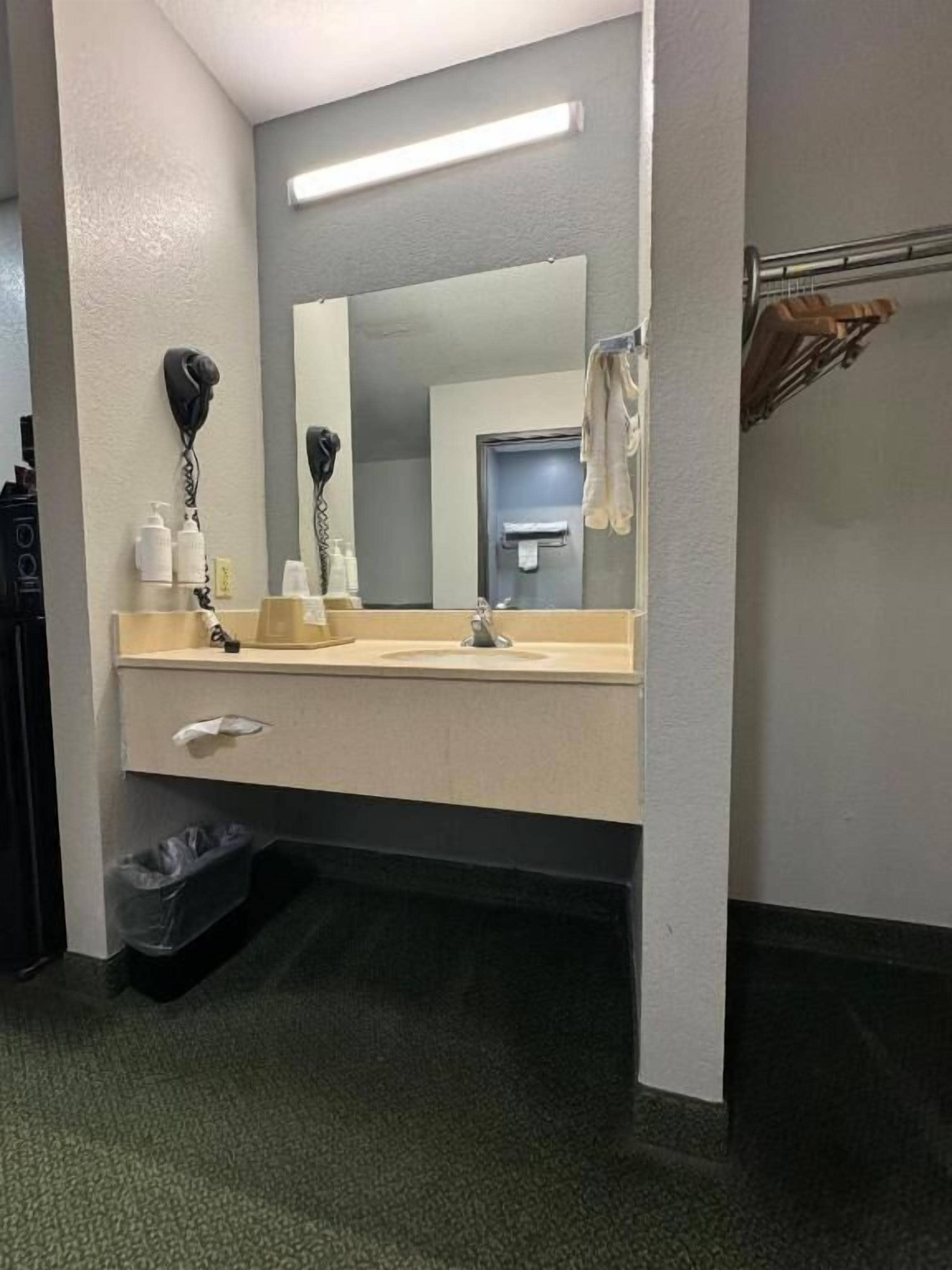 A hotel bathroom with a sink, mirror, and hairdryer.