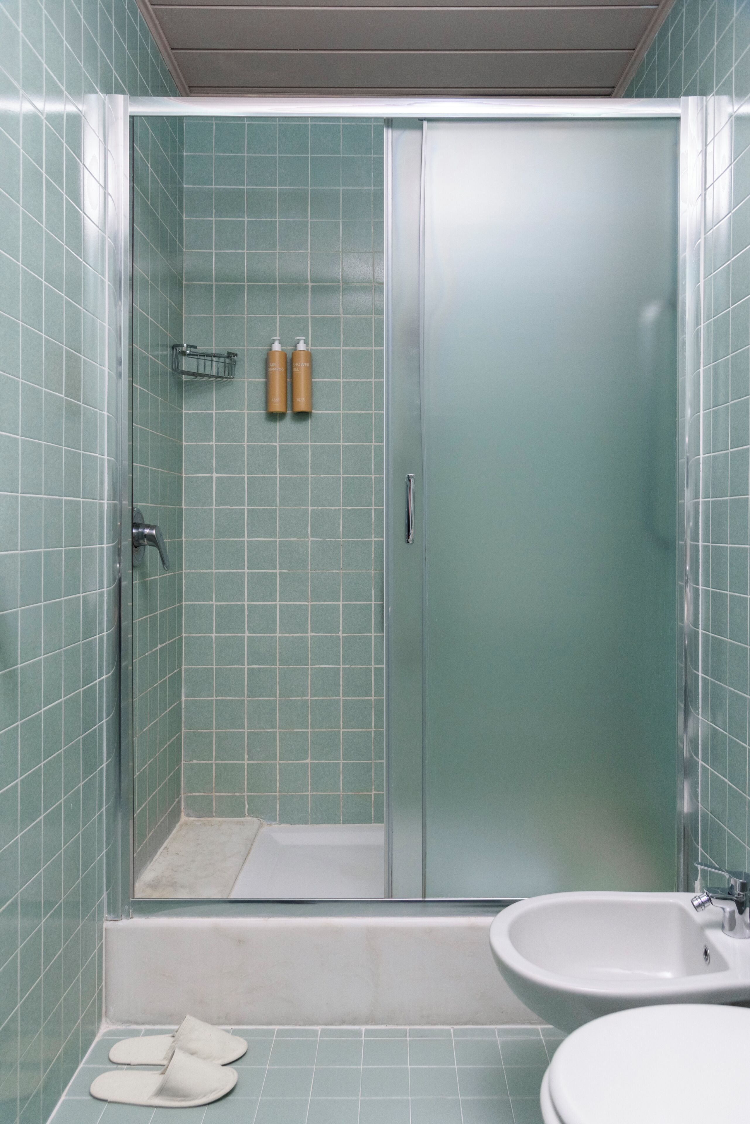 A bathroom with a glass-enclosed shower, a sink, and a toilet.