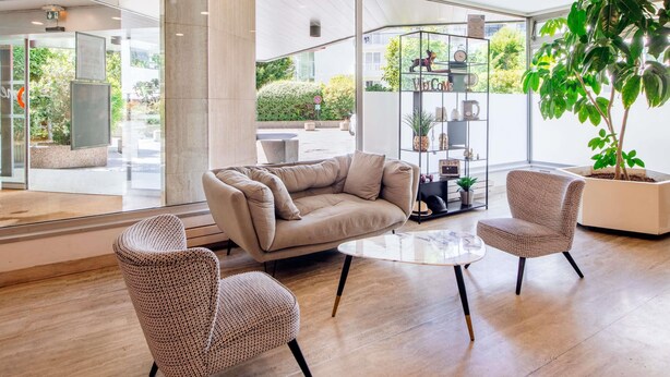 Un interior moderno con un sofá, dos sillones, una mesa de centro y una planta grande en maceta.
