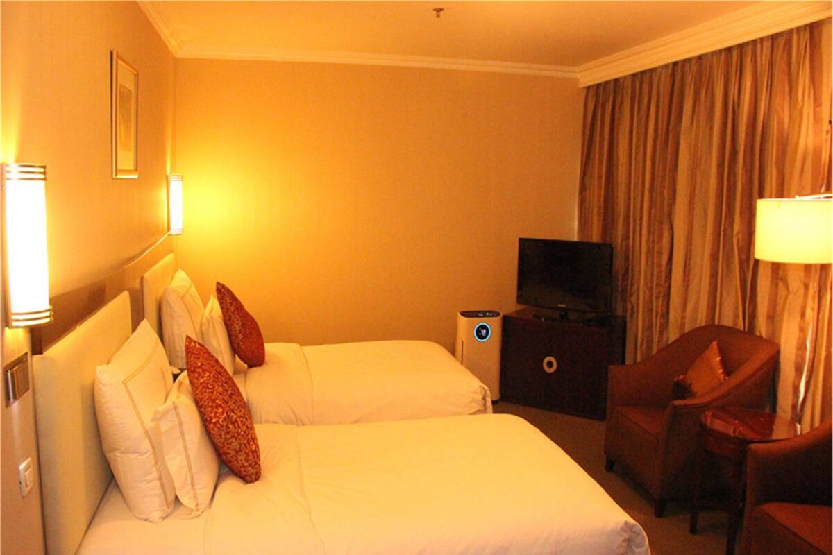 Habitación de hotel con dos camas, televisión, escritorio y silla.