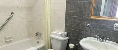 Une salle de bain avec une baignoire, des toilettes et un lavabo.