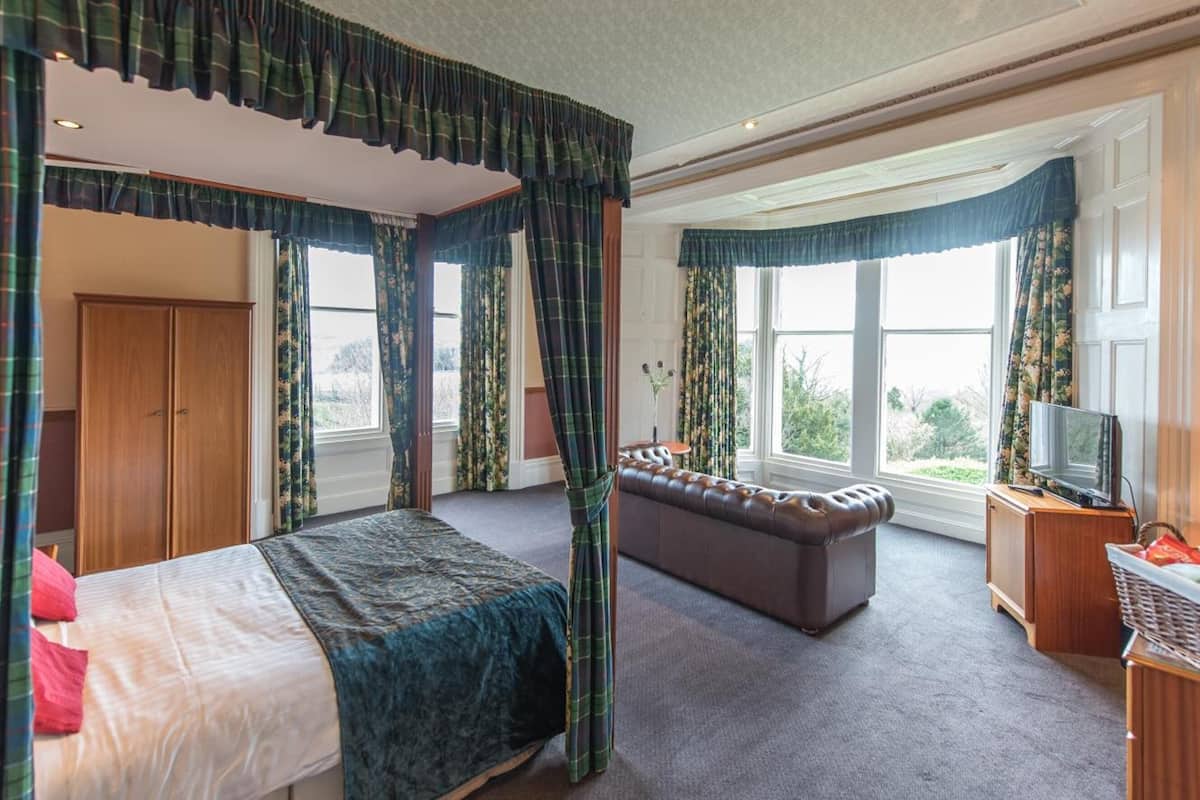 A bedroom with a four-poster bed, a sofa, a television, and large windows with curtains.