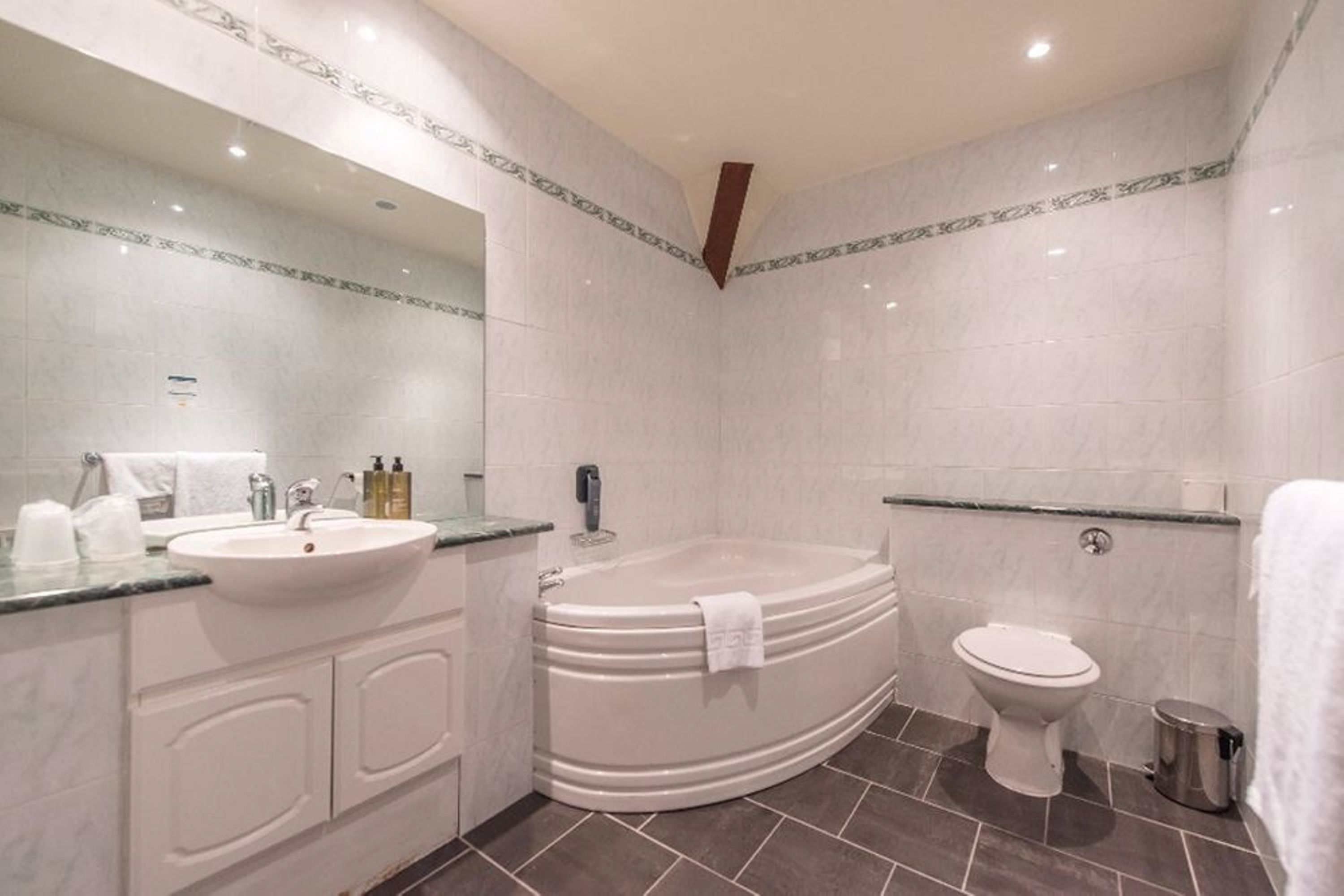 A modern bathroom with a freestanding bathtub, a sink, and a toilet.