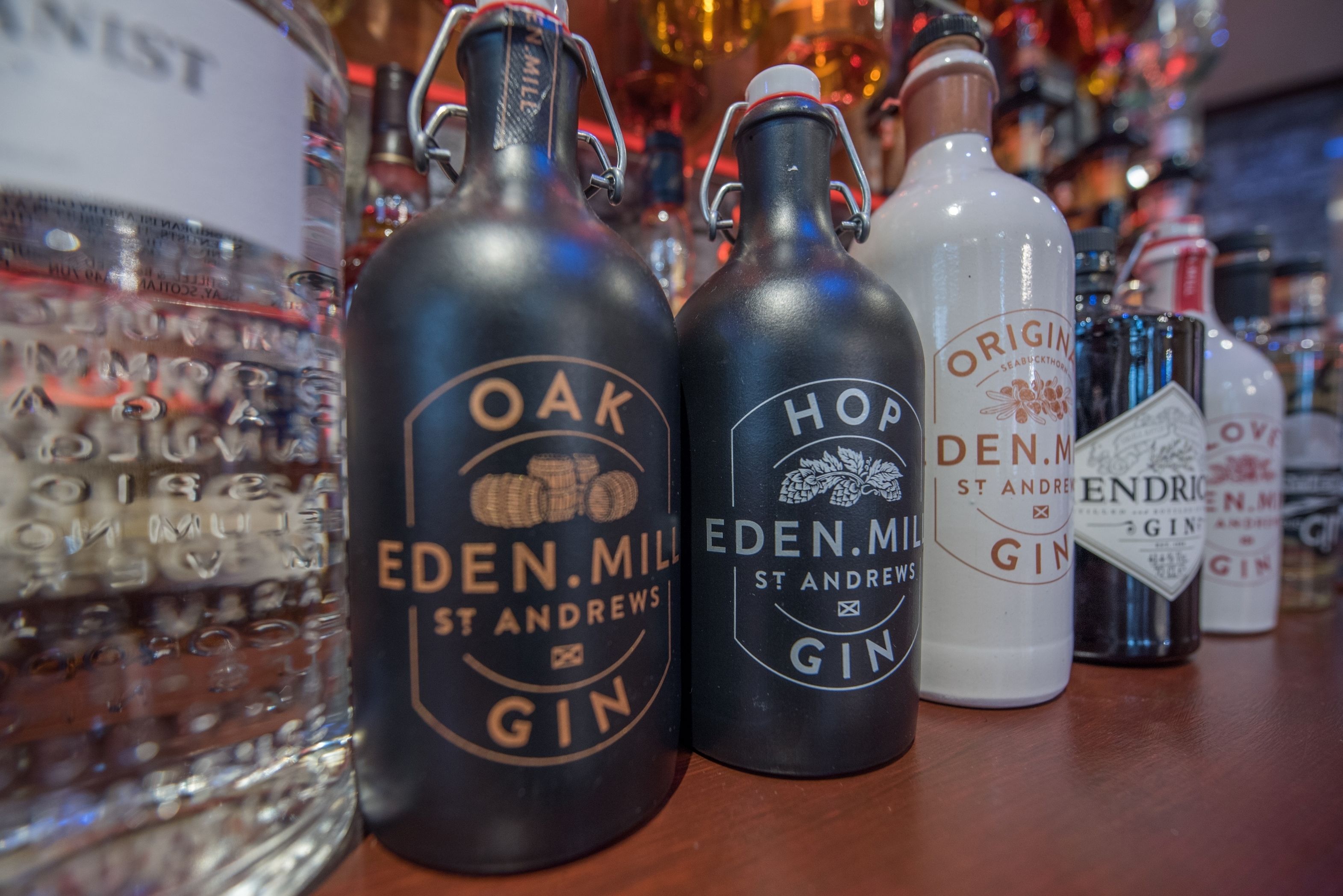 Three bottles of gin on a bar counter.