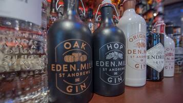 Three bottles of gin on a bar counter.