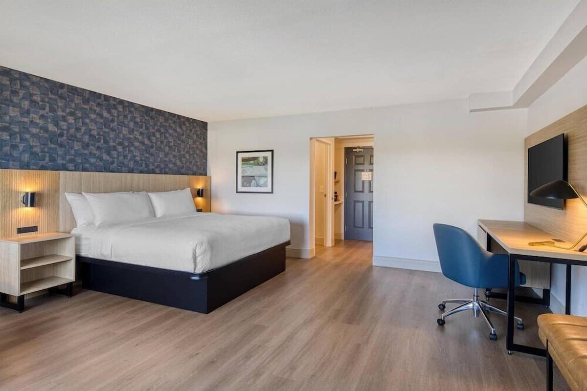 Ein modernes Hotelzimmer mit Bett, Schreibtisch, Stuhl und Fernseher.
