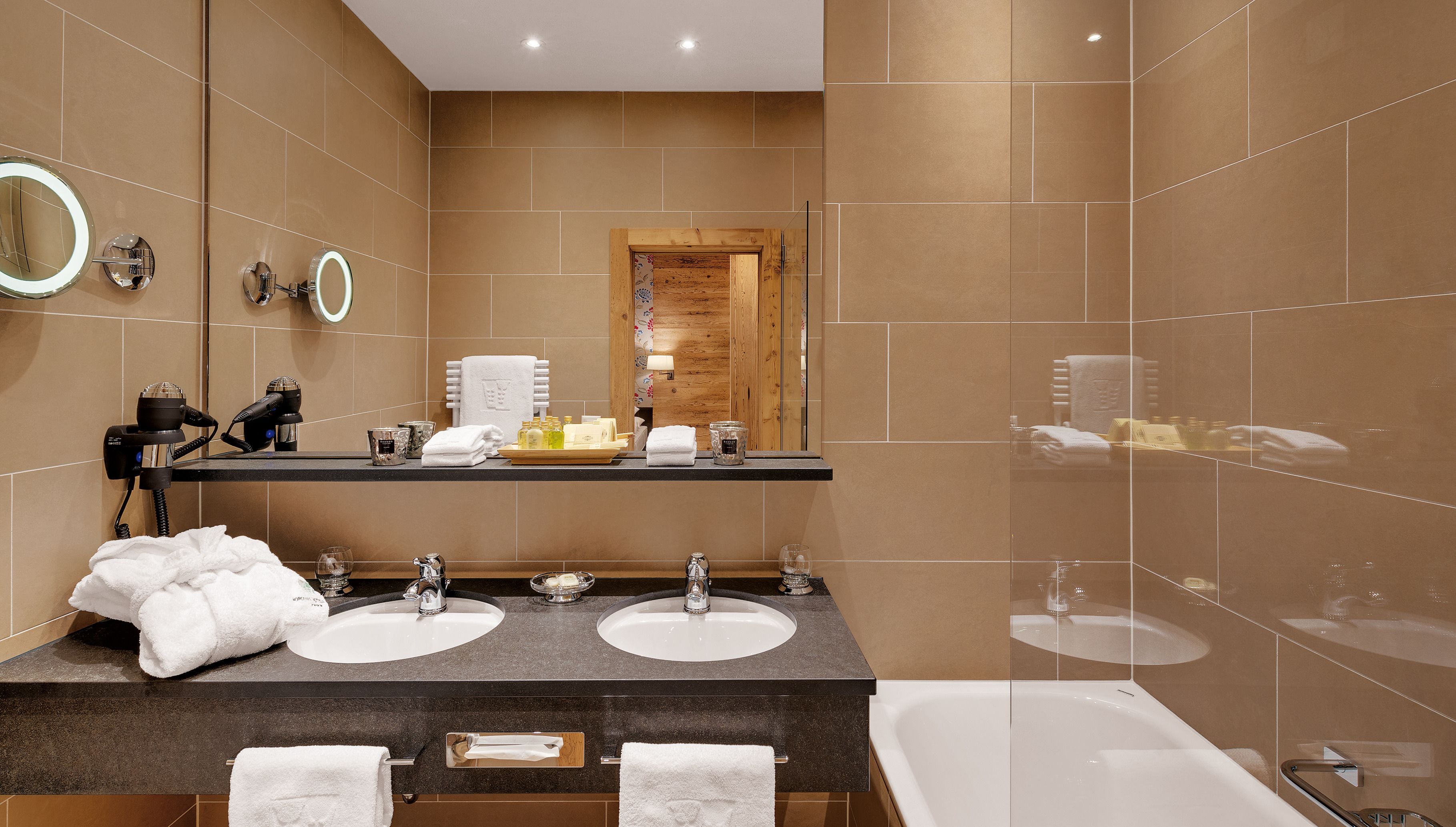 hair dryer, bathrobes, slippers, towels