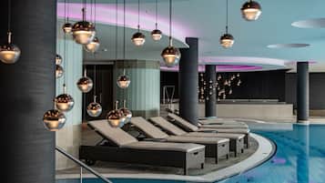 Indoor pool, outdoor pool, pool loungers