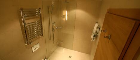 A modern bathroom with a glass-enclosed shower, a stainless steel towel rack, a toilet, and a wooden door.