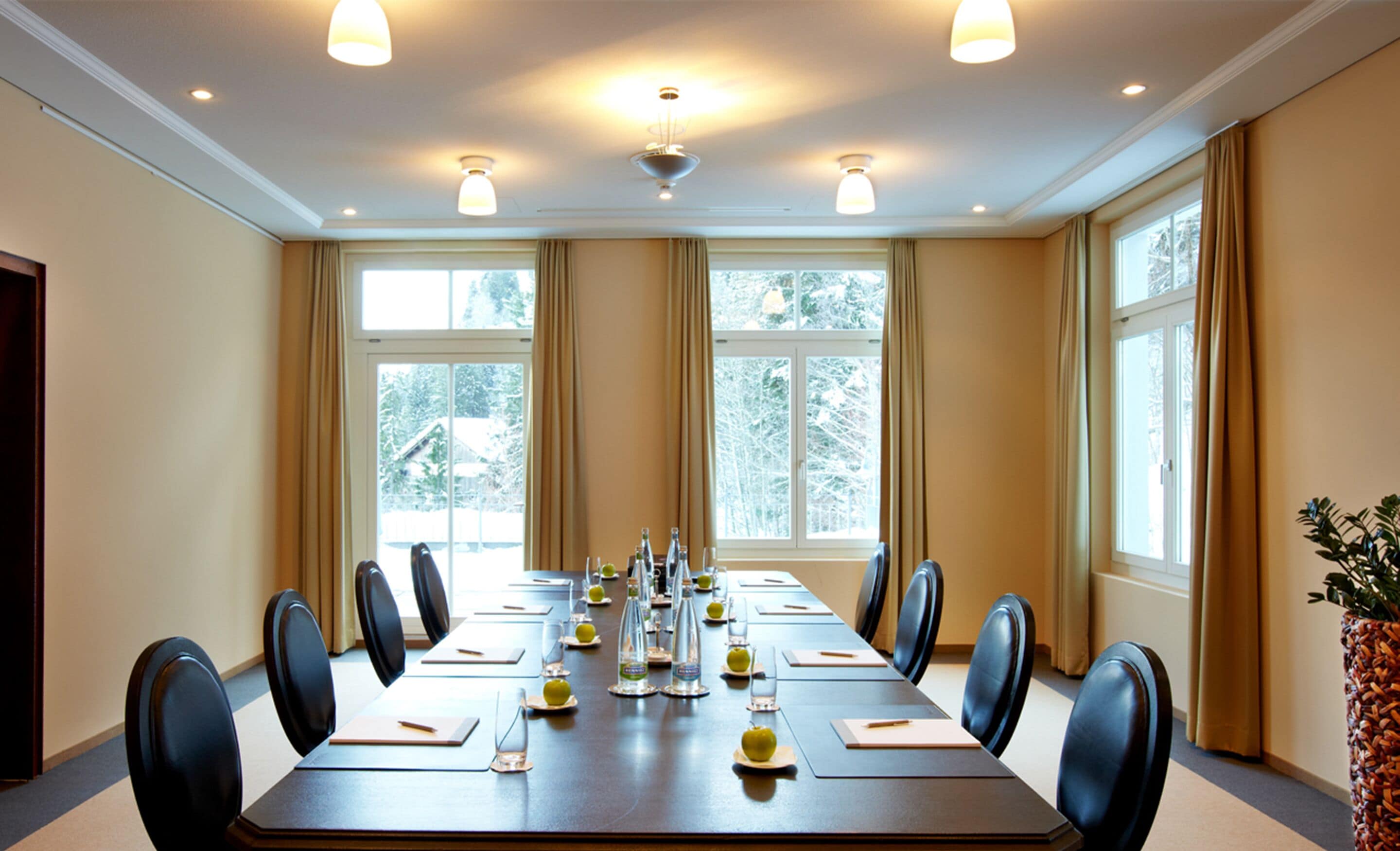 A conference room with a long table, chairs, and windows with curtains.