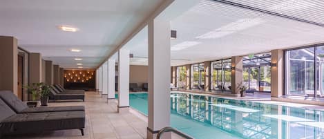 Indoor pool, outdoor pool, sun loungers