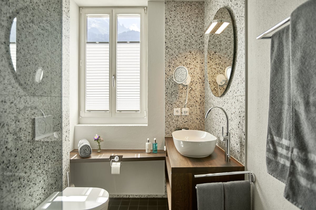 superior double room, mountain view | bathroom | shower, hair dryer, towels