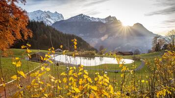 A serene lakeside view with mountains in the background and autumn foliage in the foreground.