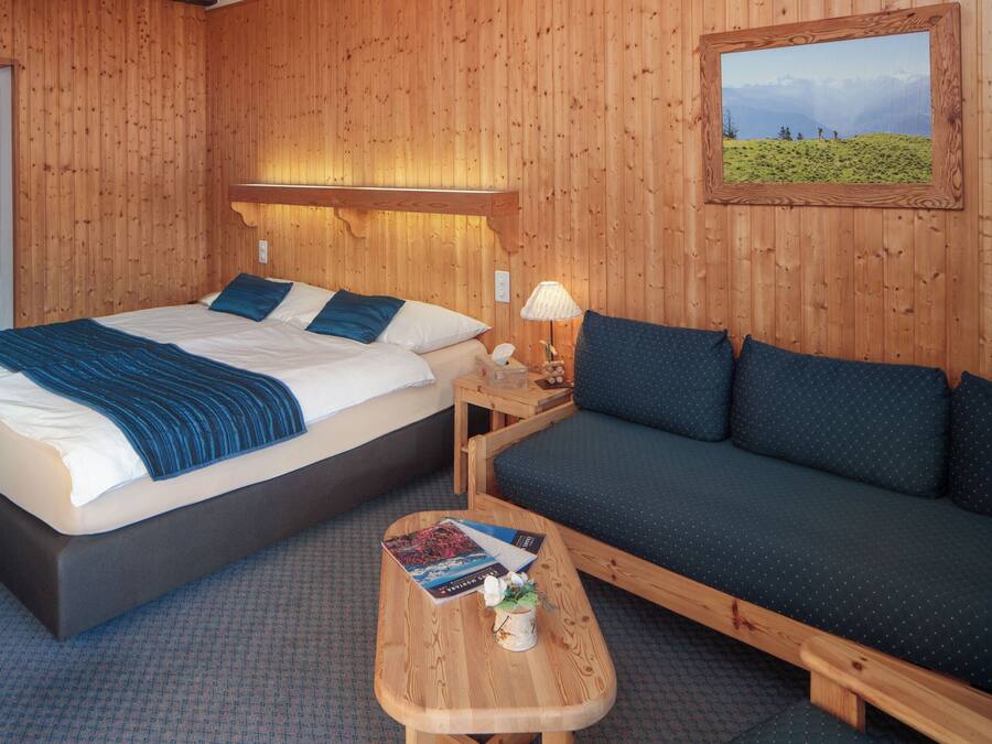 Una habitación con paneles de madera, una cama, un sofá y una pequeña mesa con una lámpara y libros.