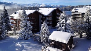 A snow-covered lodge with multiple floors and balconies, surrounded by snow-laden trees and mountains in the background. - La Prairie (Crans-Montana)