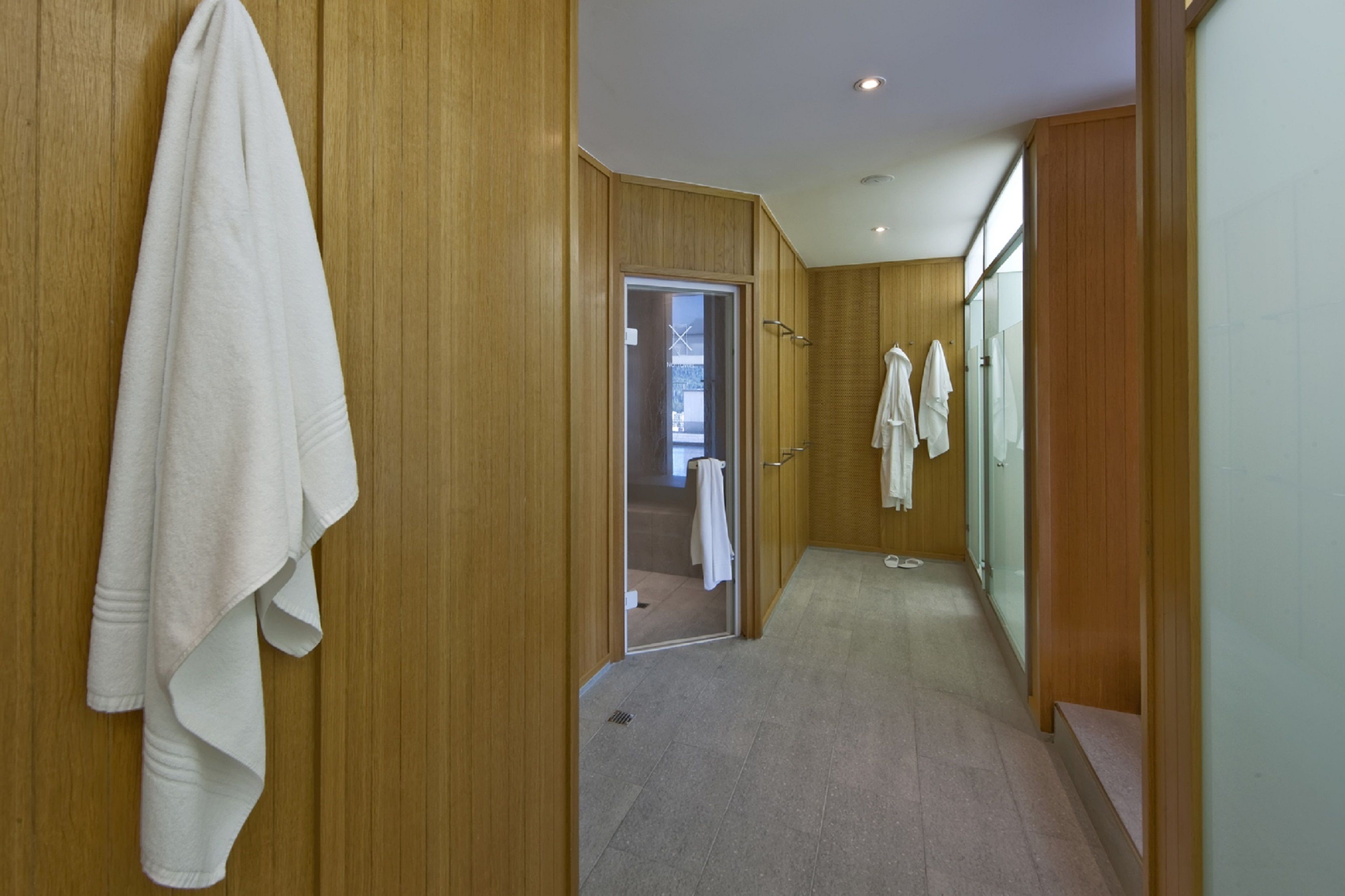 A hallway with wooden paneling, a white towel hanging on the left, and a glass door leading to another room.