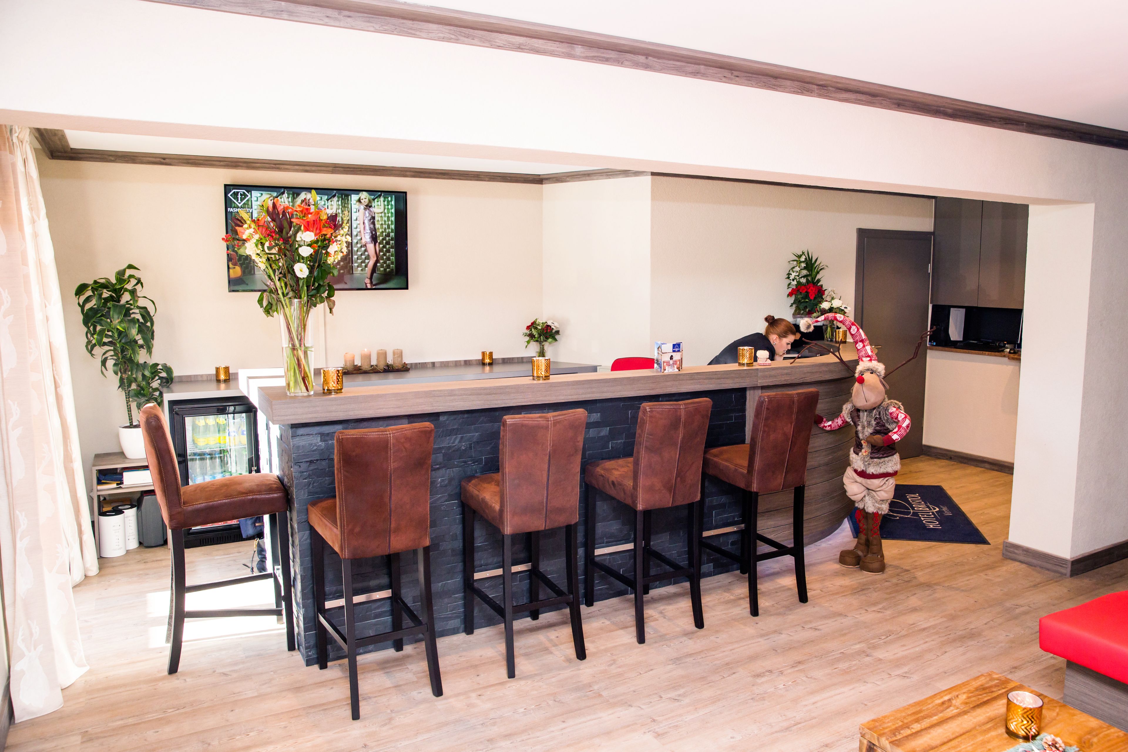 Una cucina moderna con un angolo bar, sgabelli da bar e una pianta decorativa.