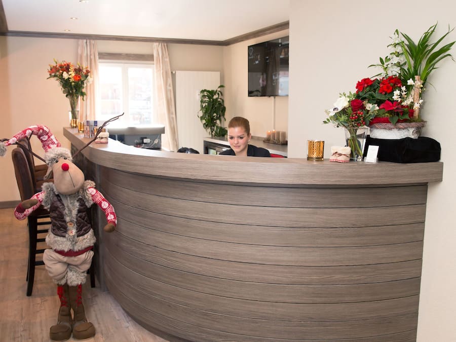 A hotel reception desk with a wooden finish, a receptionist behind it, and a plush reindeer decoration.