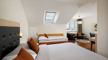 A modern hotel room with two beds, a desk, a chair, and a large window.