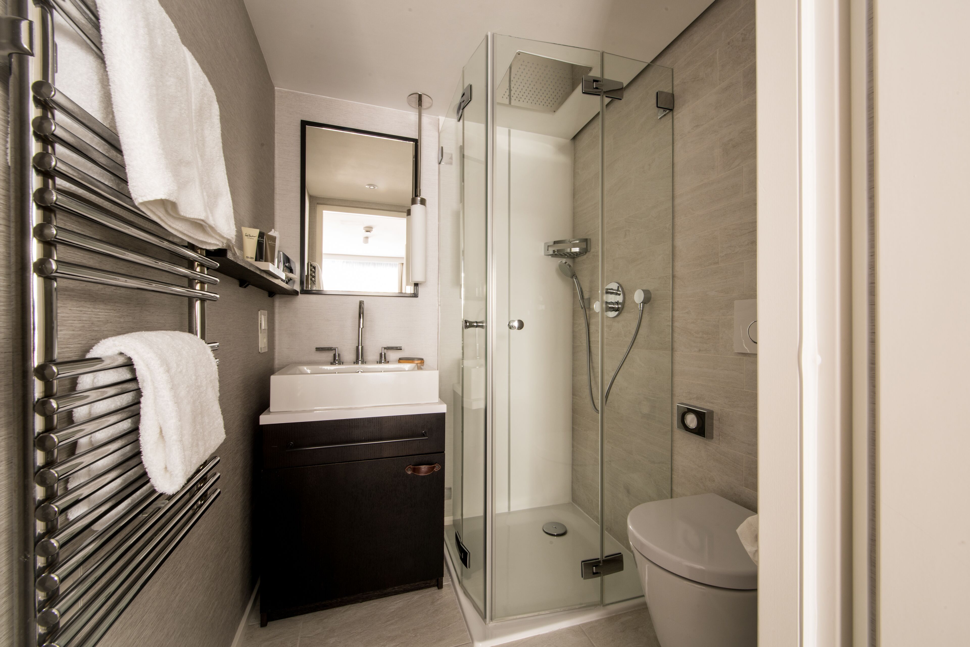 A modern bathroom with a glass-enclosed shower, a white toilet, and a vanity with a mirror above the sink.