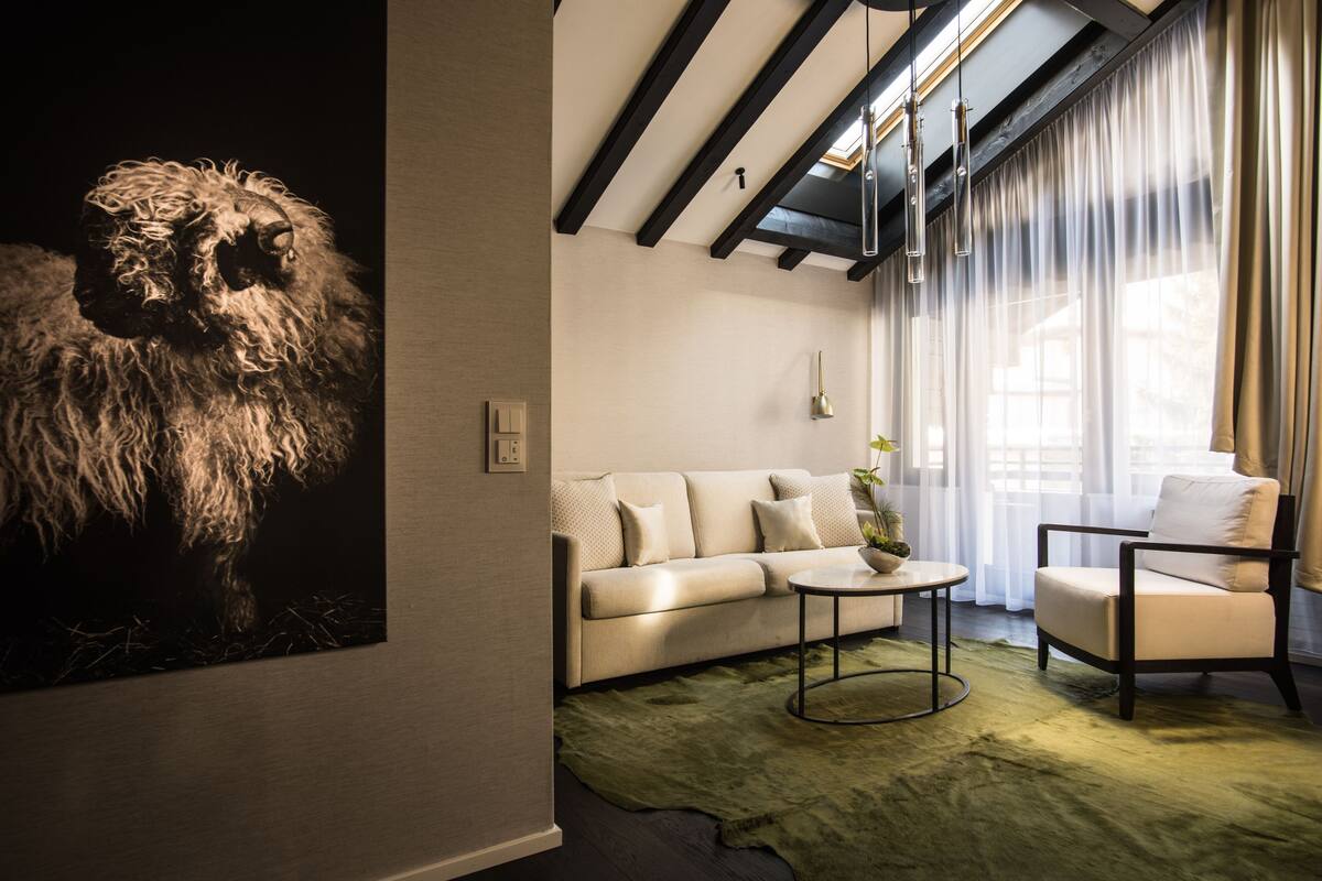 Una sala de estar moderna con un sofá, una silla, una mesa de centro y un cuadro grande de un perro.