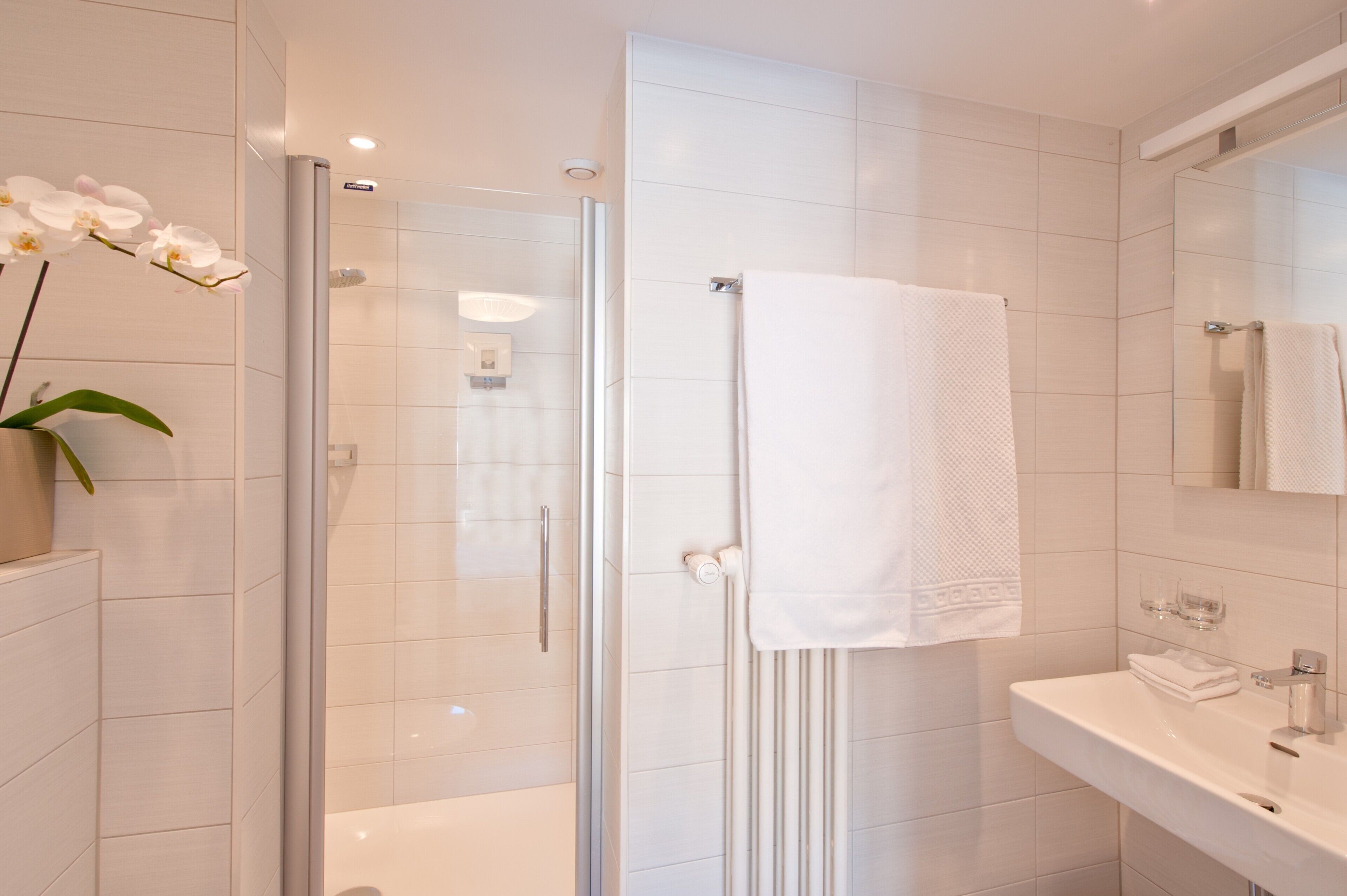 A modern bathroom with a glass shower enclosure, a white sink, and a mirror.