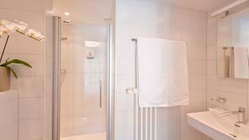 A modern bathroom with a glass shower enclosure, a white sink, and a mirror.