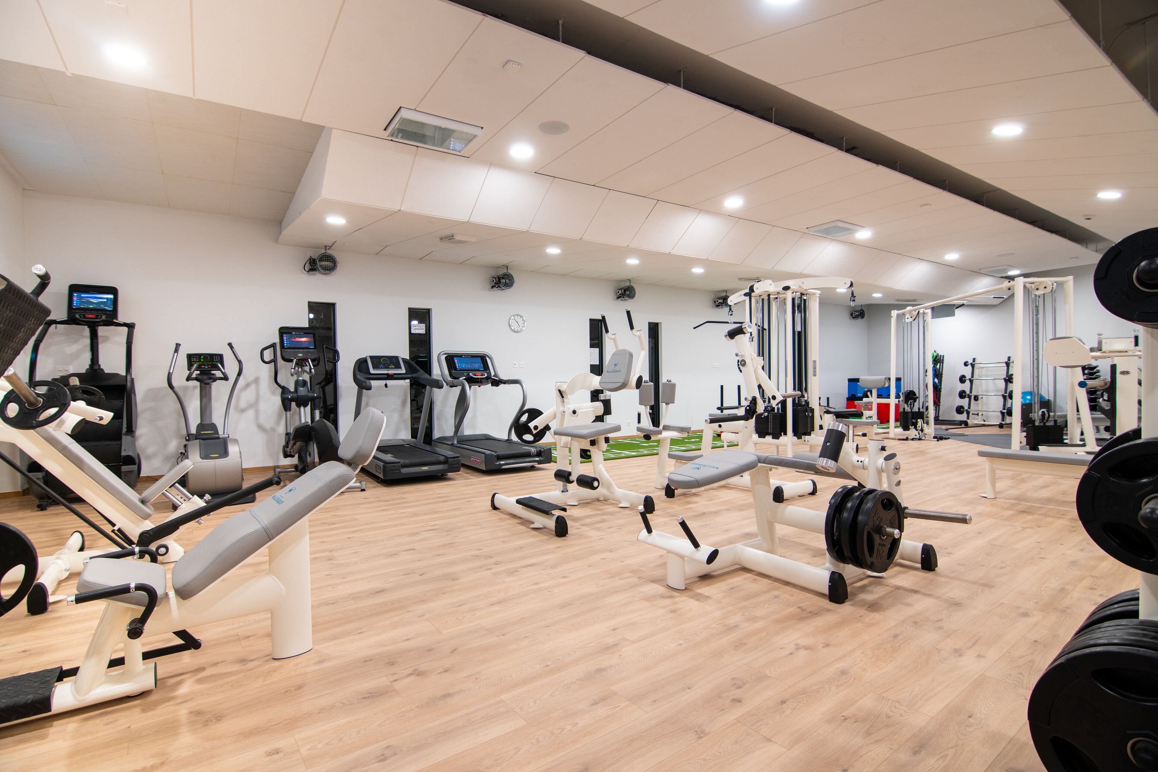 A gym with various exercise equipment, including treadmills, weight machines, and free weights.