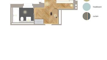 Grundriss eines Zimmers mit Bett, Schreibtisch, Stuhl, kleinem Tisch, Sofa und Bad.