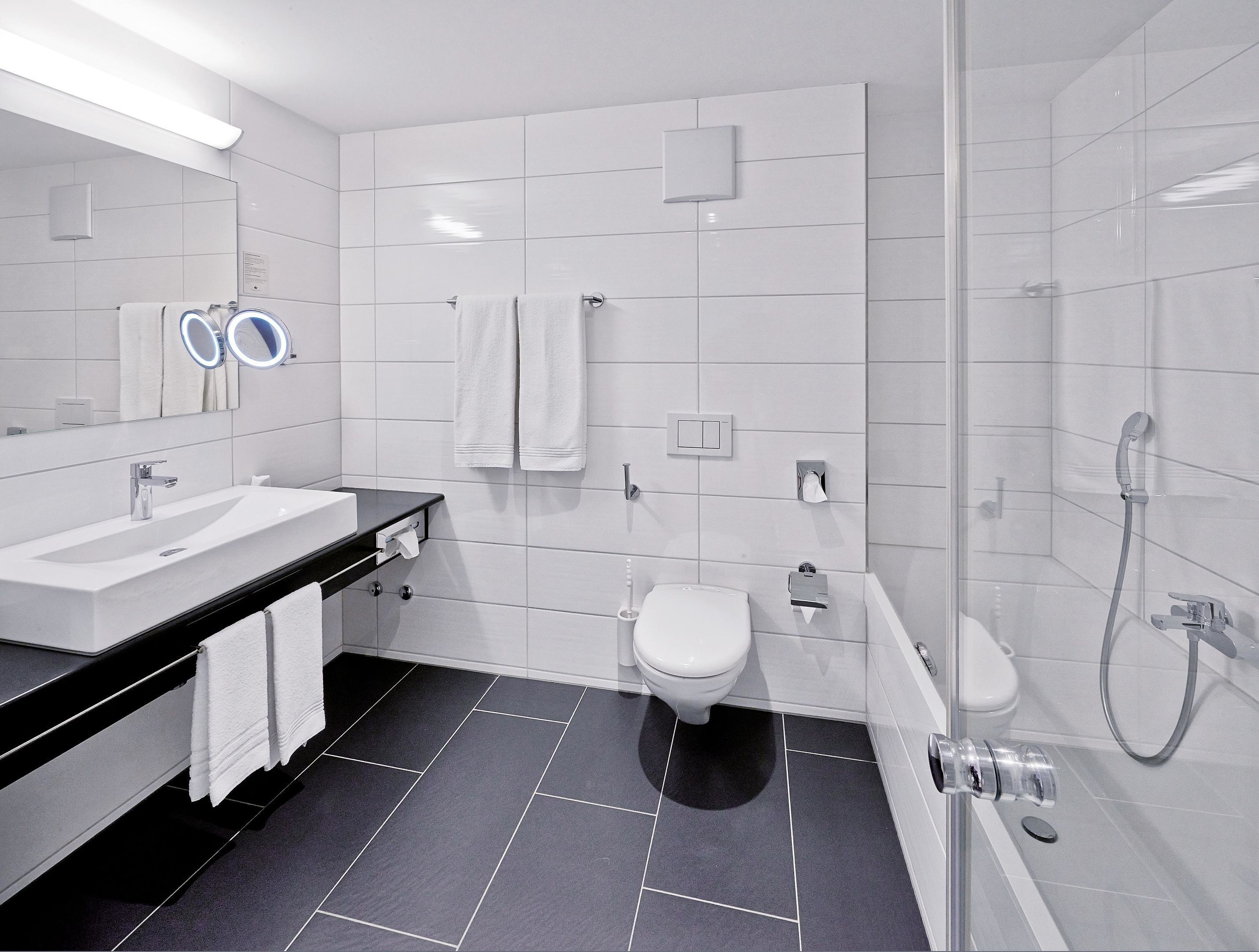 Een moderne badkamer met een wastafel, spiegel, handdoekrek, toilet en douche.