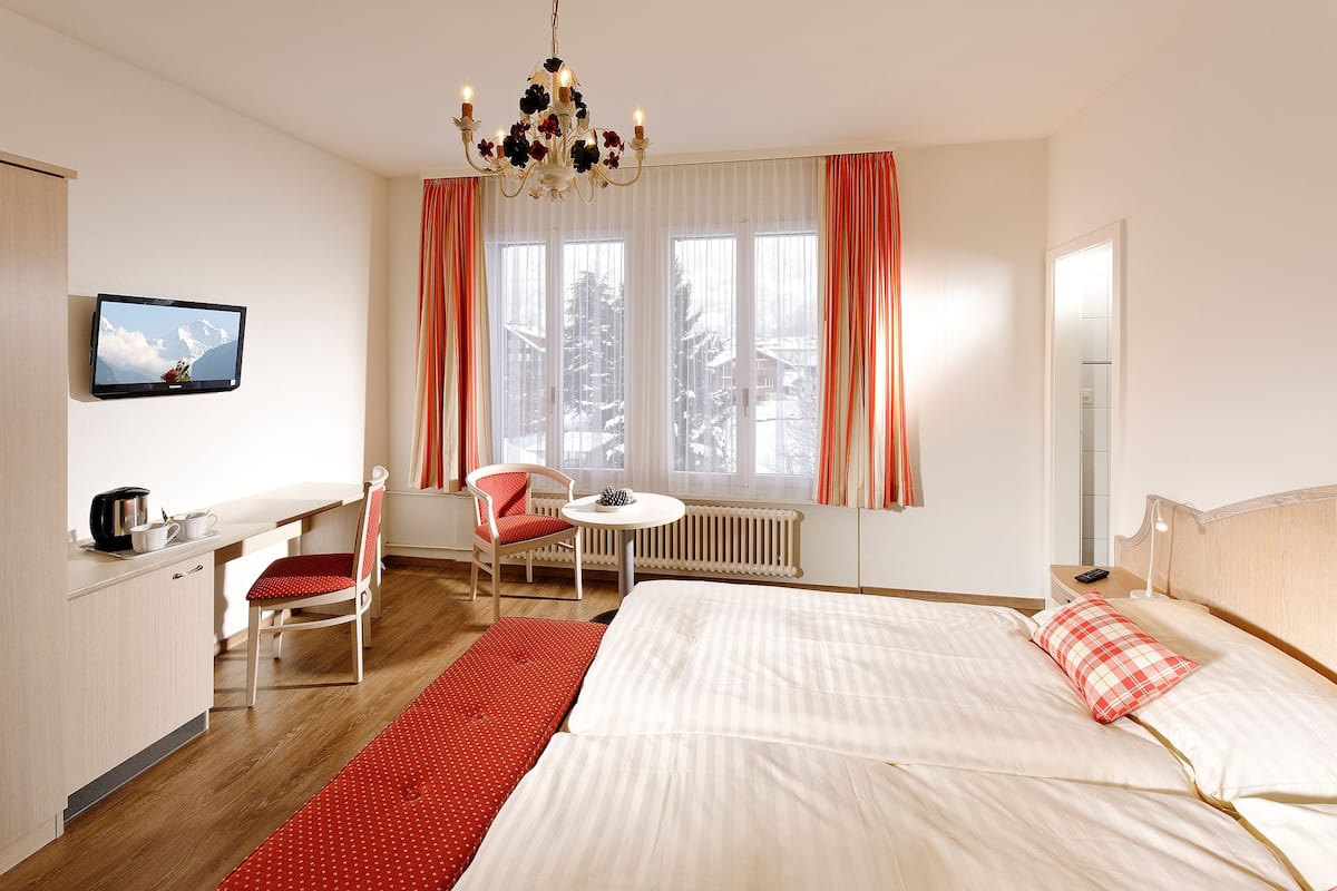 A hotel room with a bed, a desk, a chair, a television, and a view of snow-covered trees through the window.