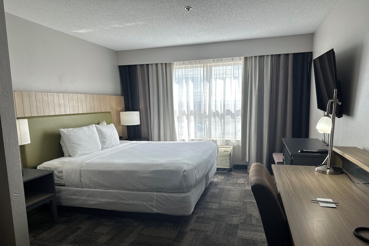A hotel room with a large bed, a desk, a chair, a TV, and a window with curtains.