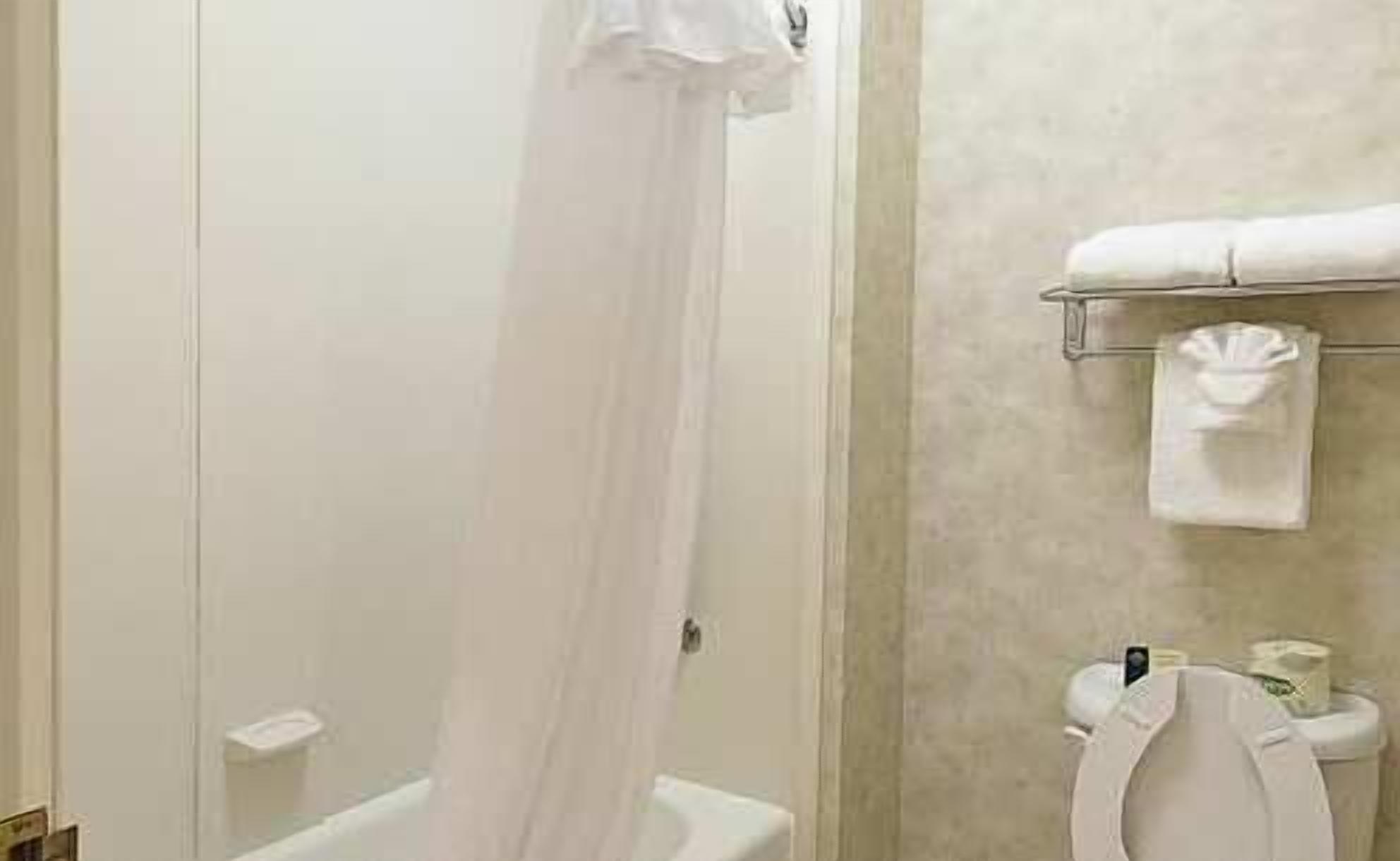 A bathroom with a shower curtain, a toilet, and a towel rack with towels.