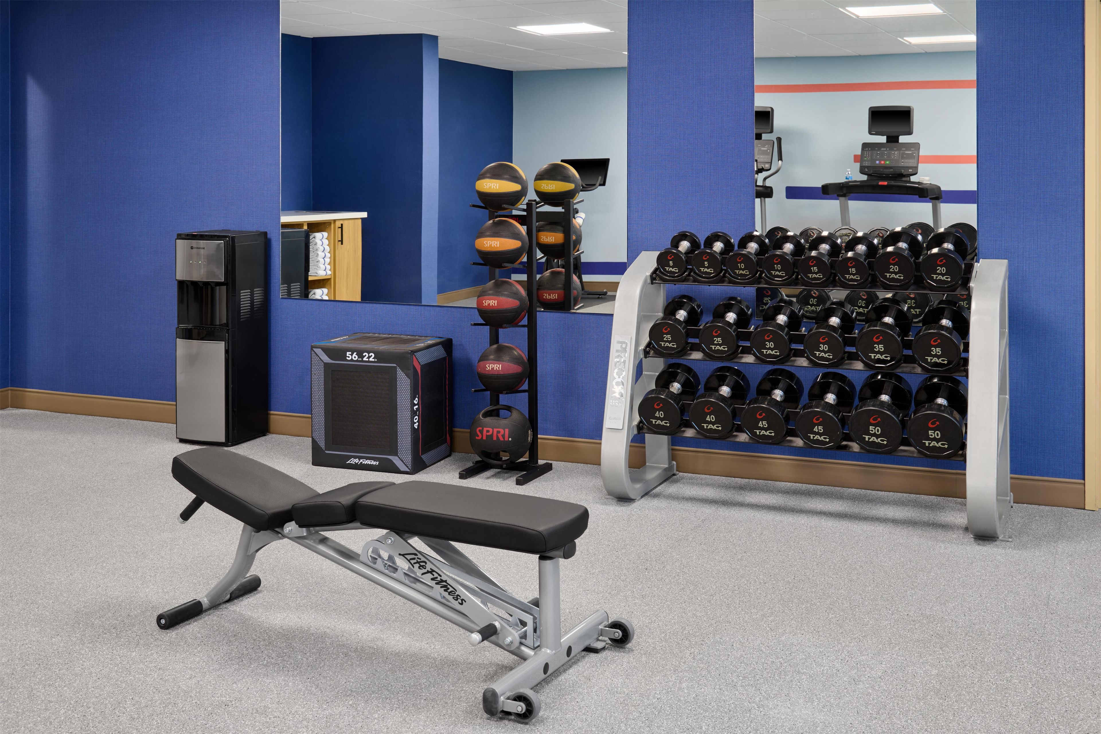 Gimnasio con equipo de ejercicio, incluyendo una banca, mancuernas y un dispensador de agua.