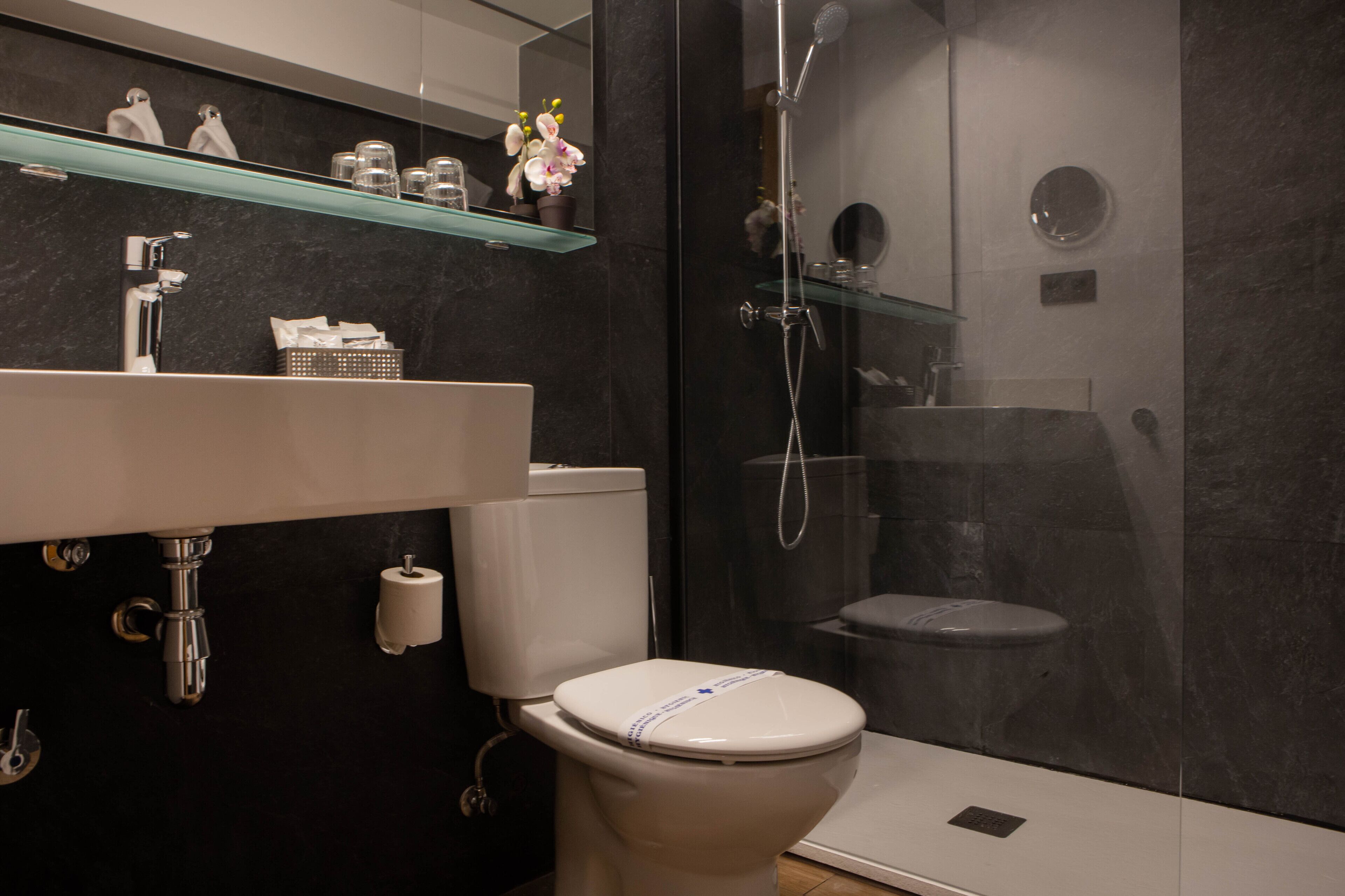 combined shower/bathtub, free toiletries, hair dryer, bathrobes