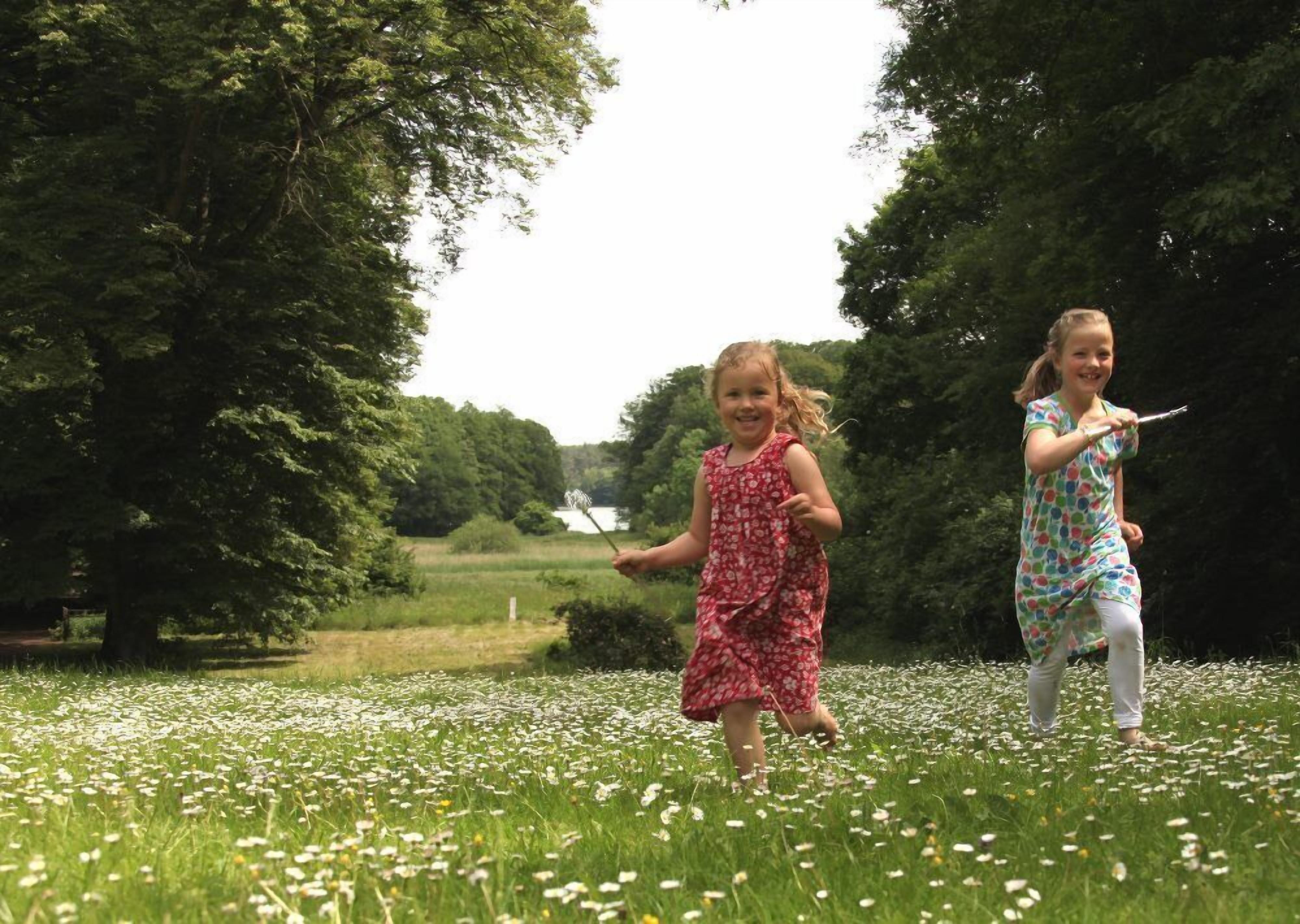Two children playing in a field with white flowers and trees in the background.