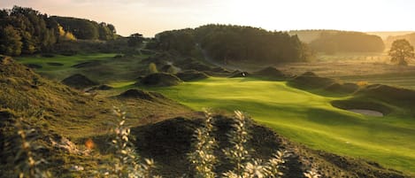 A golf course with rolling hills, trees, and a clear sky.